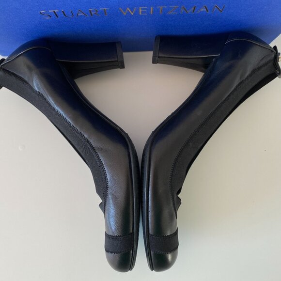 Stuart Weitzman | Black Elastic trim Leather |Pump Block Heels |Round Toe - Picture 8 of 13